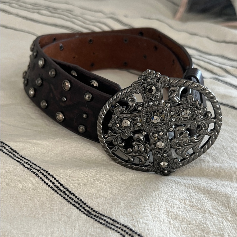 Buckle Dark Brown Leather Studded Belt with Ornate Silver Cross Buckle